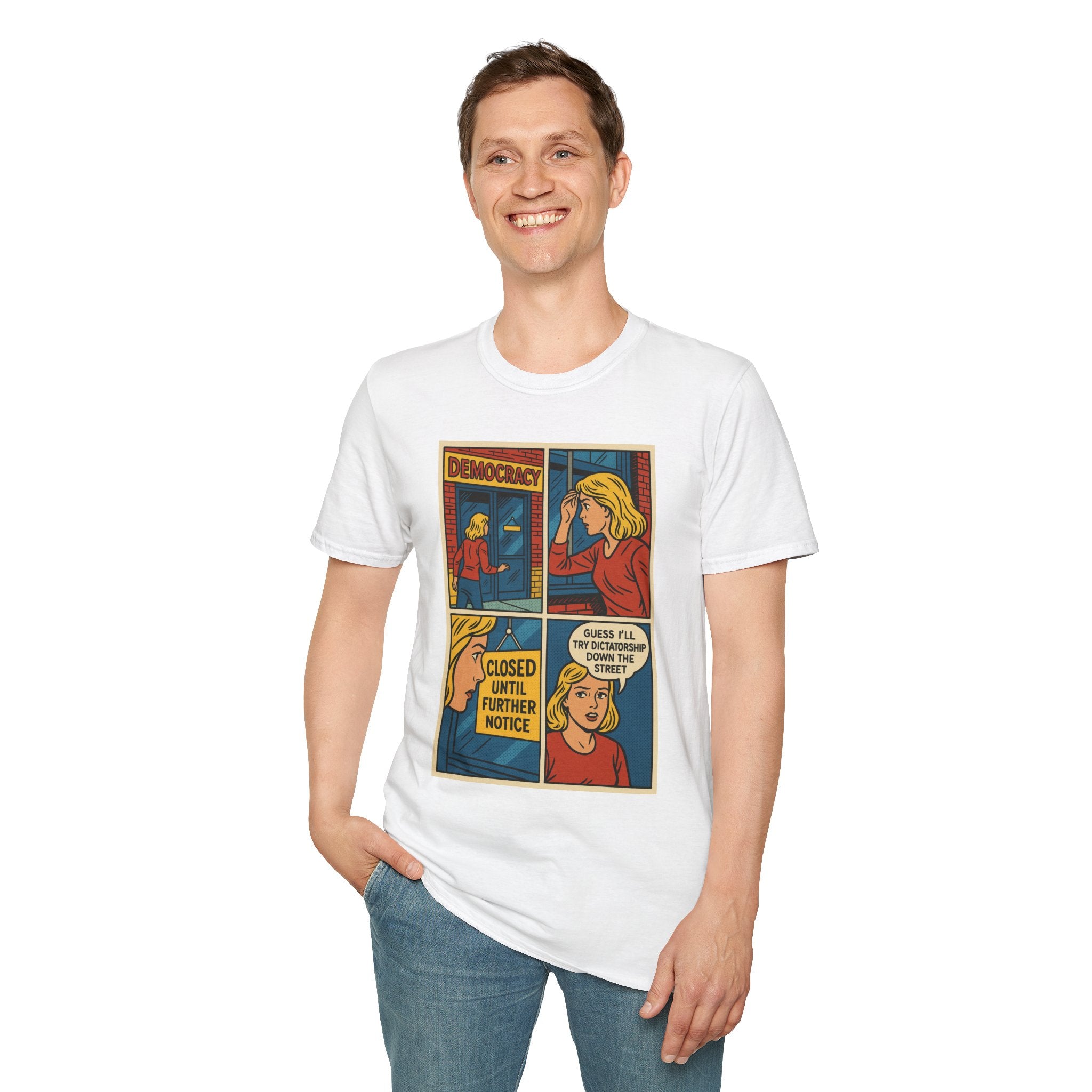 Democracy Comic Strip Graphic Unisex T-Shirt - Learn Lobby Liberate | LZP Tees