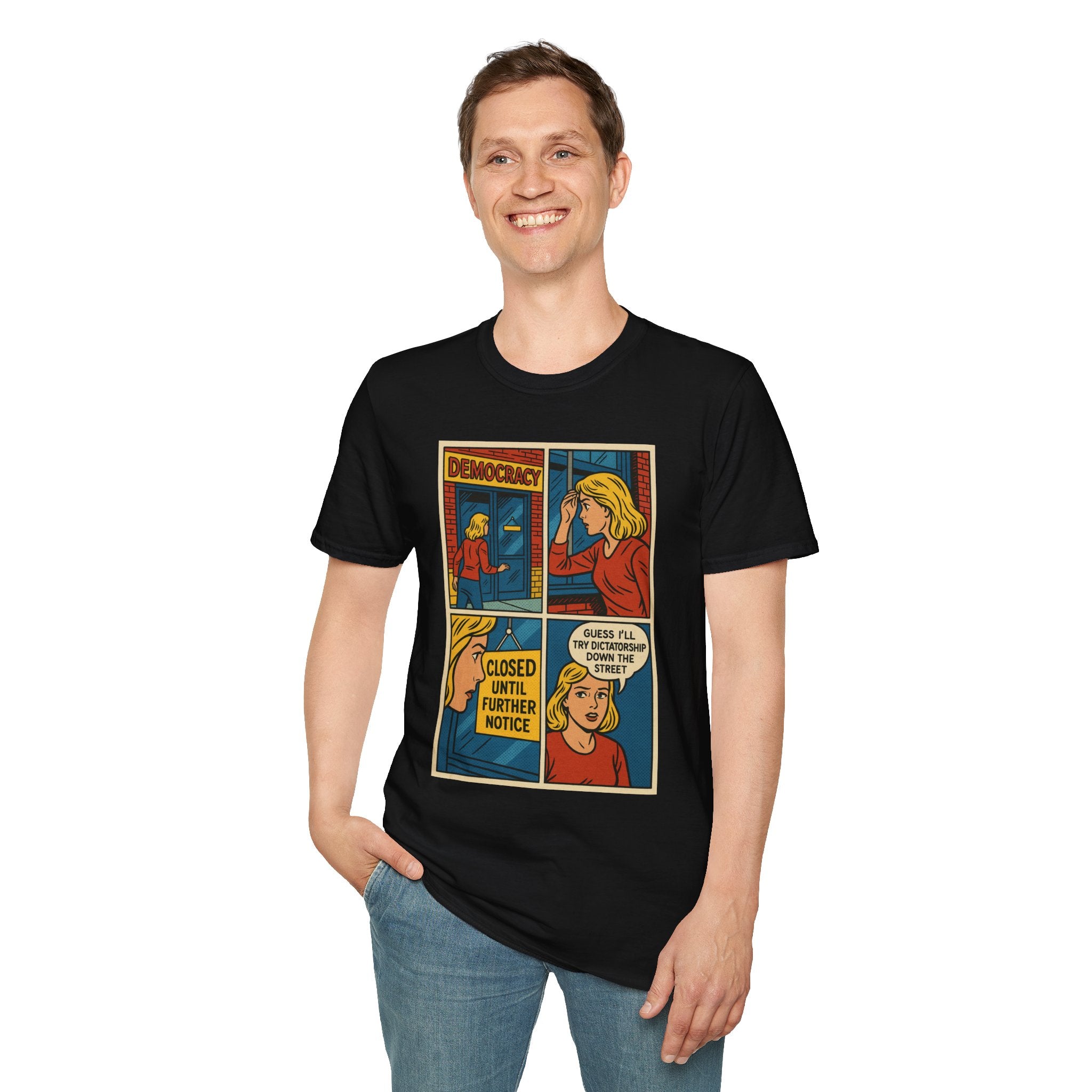 Democracy Comic Strip Graphic Unisex T-Shirt - Learn Lobby Liberate | LZP Tees