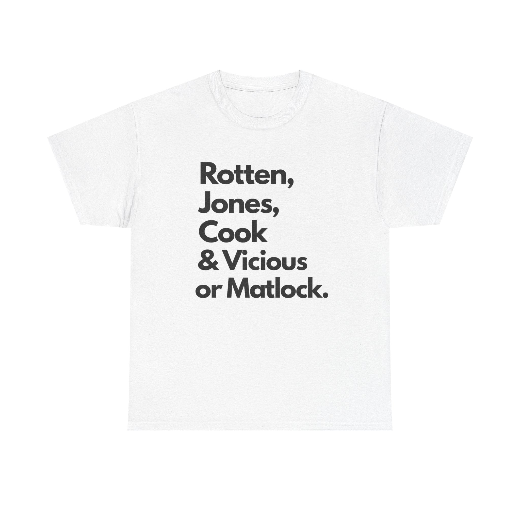 Rotten, Jones, Cook & Vicious Unisex Heavy Cotton Punk Tee | Casual Gift, Statement Tee, Graphic Shirt, Unique Fashion